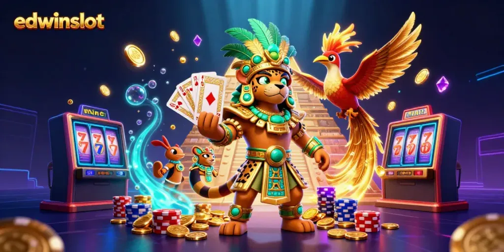 Experience edwinslot's exciting gaming journey with 3D characters amidst sparkling casino elements.