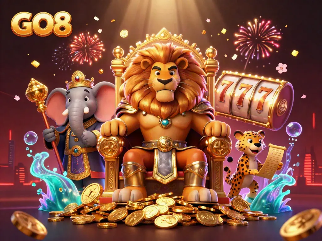 Experience GO8's vibrant casino scene with a lion king, wise elephant, and fast cheetah surrounded by slot reels and fireworks.