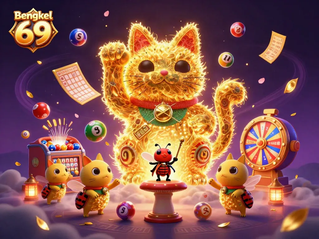 Bengkel 69 captivates players with a vibrant scene of casino magic featuring a golden lucky cat and lively elements.