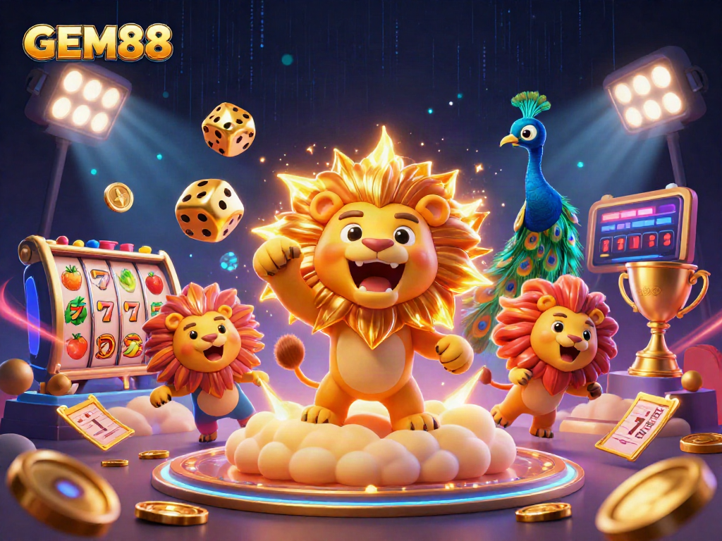 Spin with GEM88: A vibrant illustration showcasing gambling excitement with slot reels and characters.