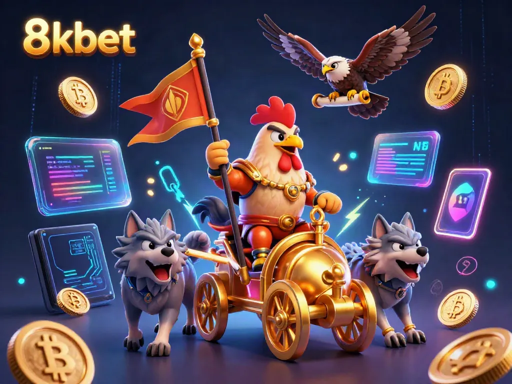 Engage with dynamic gaming action at 8kbet, featuring a rooster warlord amidst vibrant cryptocurrency symbols.