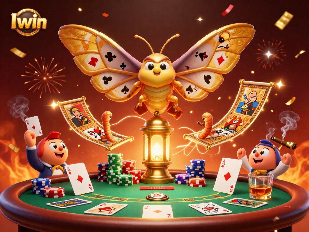 Iwin poker scene featuring an atlas moth and silk worms crafting casino-inspired tapestries.