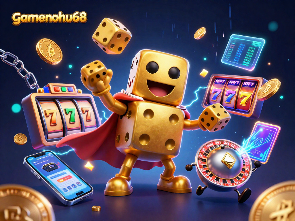 Experience excitement with gamenohu68, featuring a golden dice golem and vibrant slot machines.