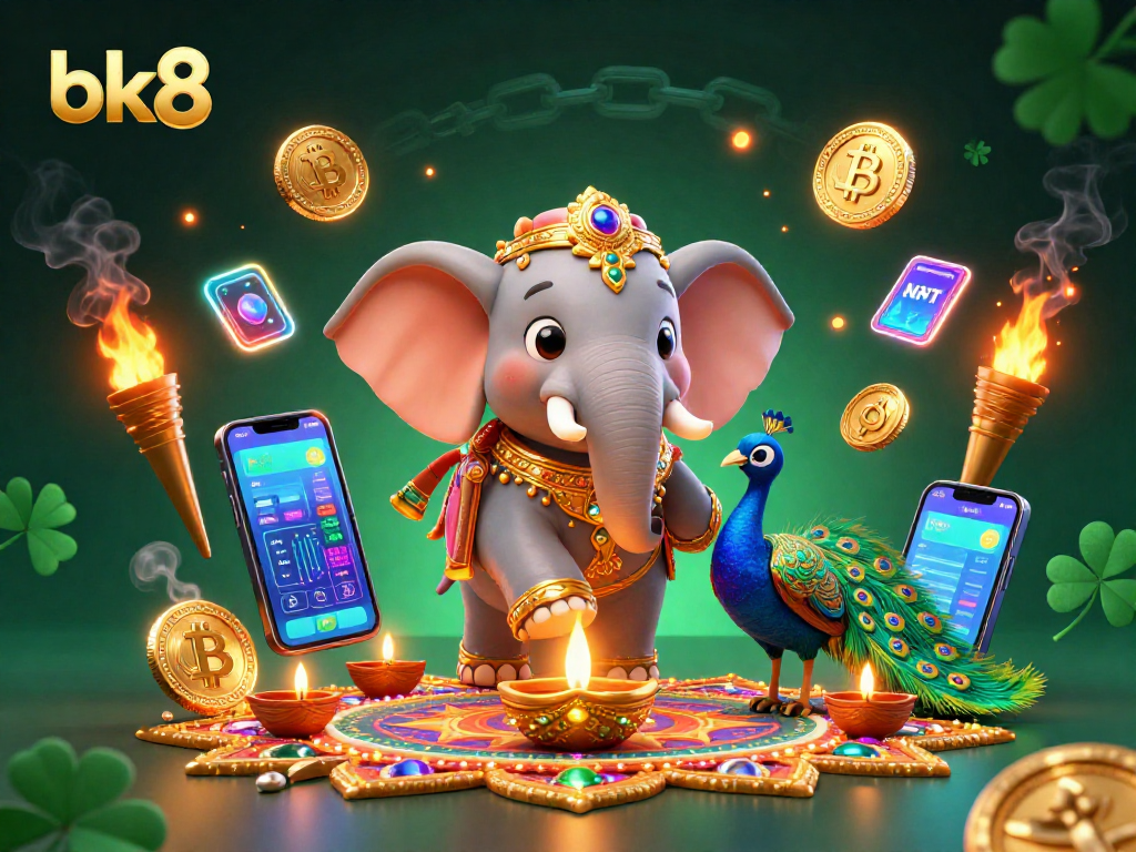 Spin to win with bk8 in this vibrant casino-themed 3D illustration featuring colorful characters and cryptocurrencies.