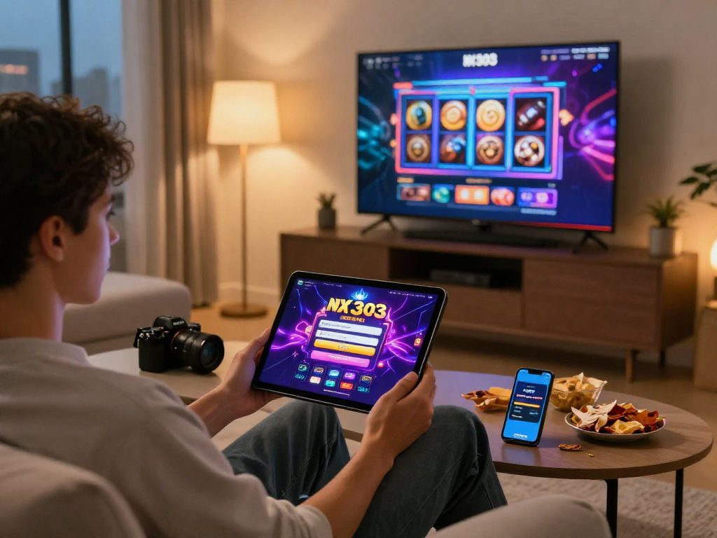 nx303 login on tablet in cozy living room with gaming snacks and notifications