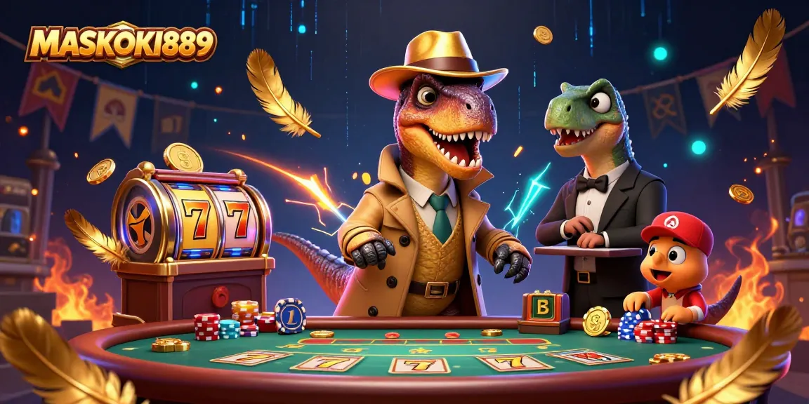 Experience thrilling gaming at MASKOKI889 with a vibrant scene of iconic casino characters and slot action.