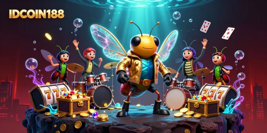 Experience the excitement of IDCOIN188 with a vibrant casino scene featuring animated characters.