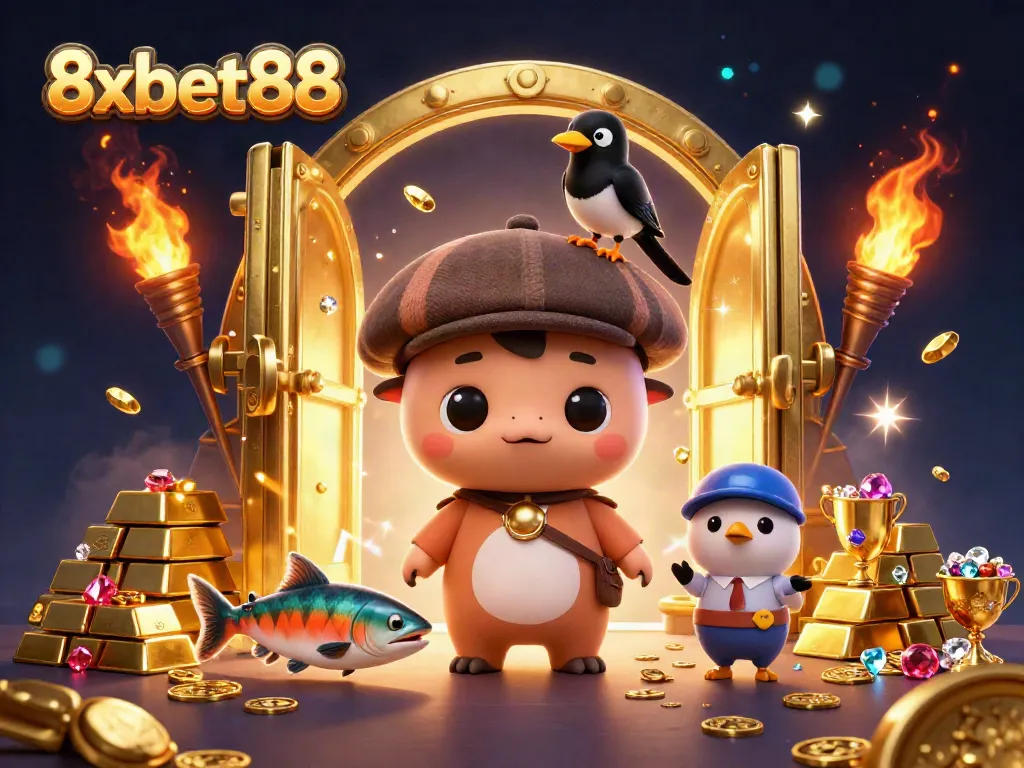 Immerse in 8xbet88's vibrant casino world with cartoon Nessie and gold treasures.