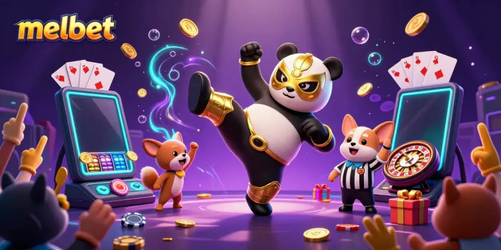 Experience the thrill of melbet gaming with a dynamic 3D scene featuring animated characters and casino elements.