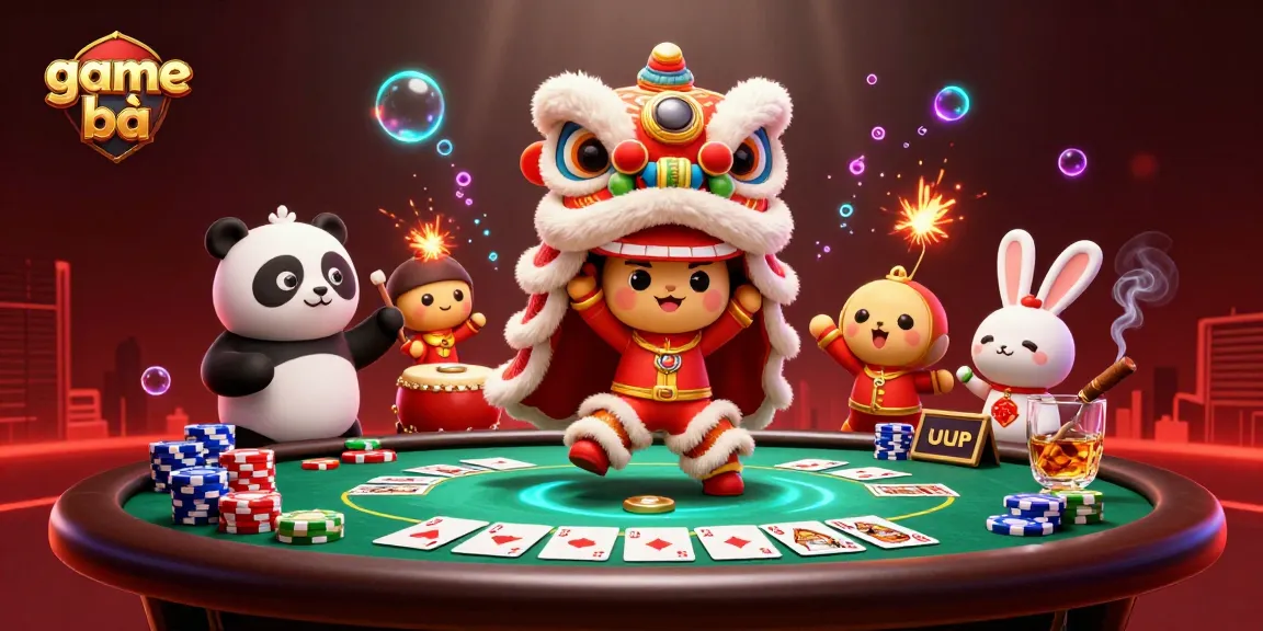 Win big at game bài with a lively scene featuring a lion dance, poker elements, and festive characters.