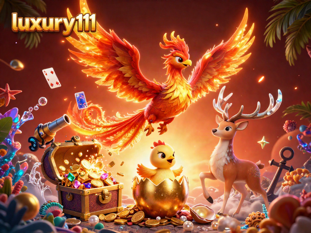 Experience luxury111 with a dynamic 3D casino scene featuring mythical creatures and vibrant game elements.