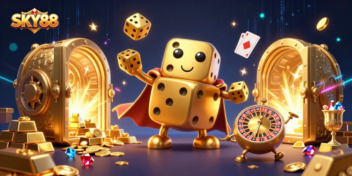 Experience thrill with SKY88's online gaming, featuring vibrant dice and treasure elements.