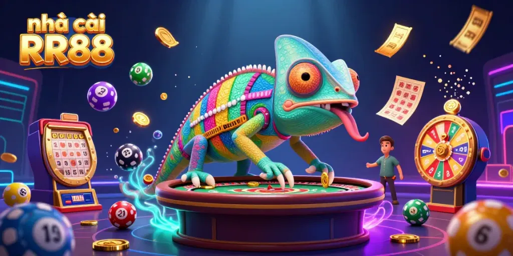 Experience the excitement with nhà cái RR88, featuring vibrant lottery elements, a chameleon casino owner, and dynamic gaming visuals.