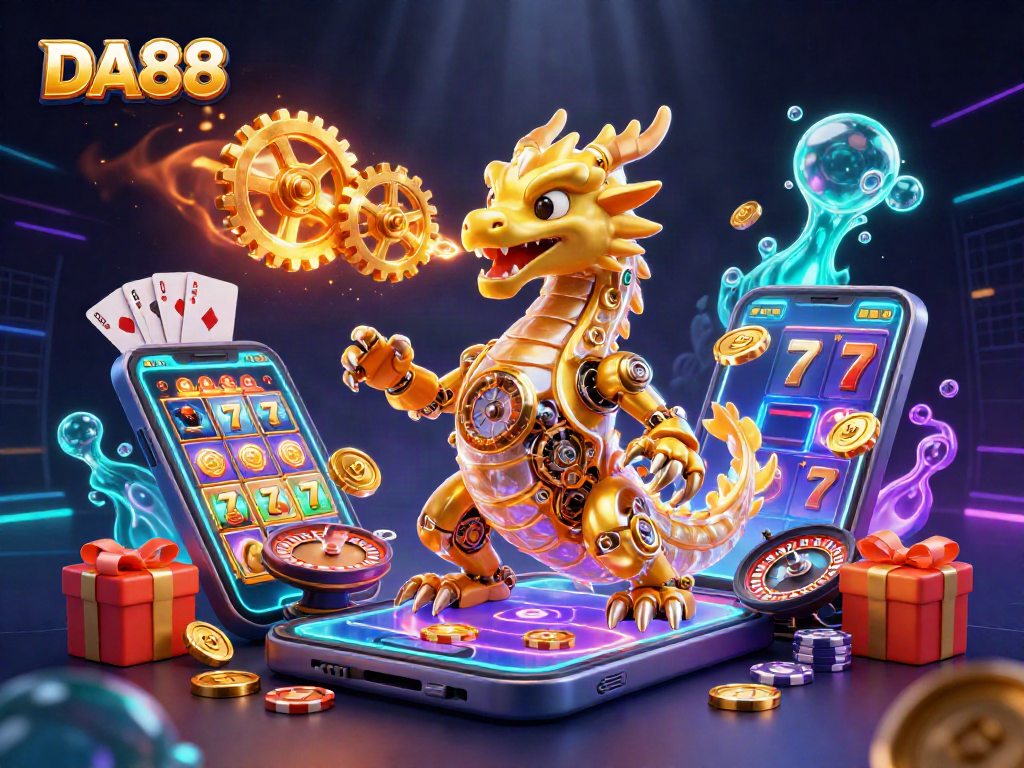 Experience DA88 with the golden dragon and incredible slot game action in an immersive casino scene.