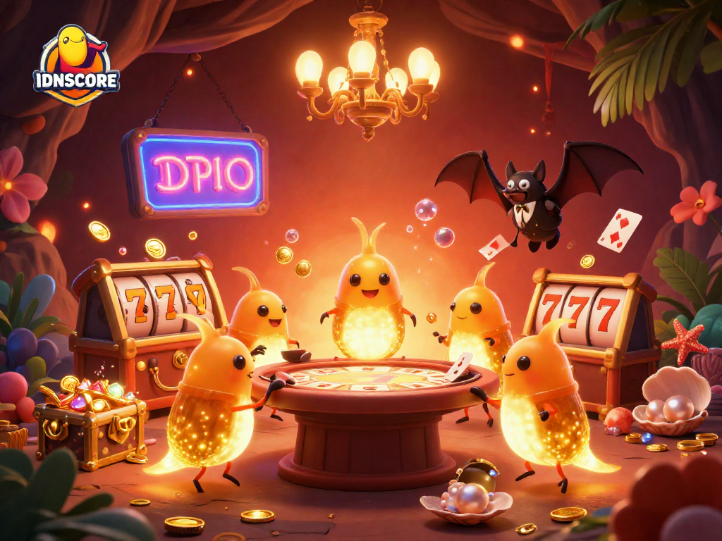 Experience thrilling wins with IDNSCORE at a vibrant cave casino lit by glowworms.