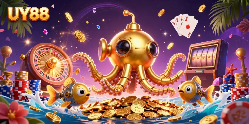 Experience thrilling gameplay with UY88's 3D golden kraken submarine and dynamic casino elements.