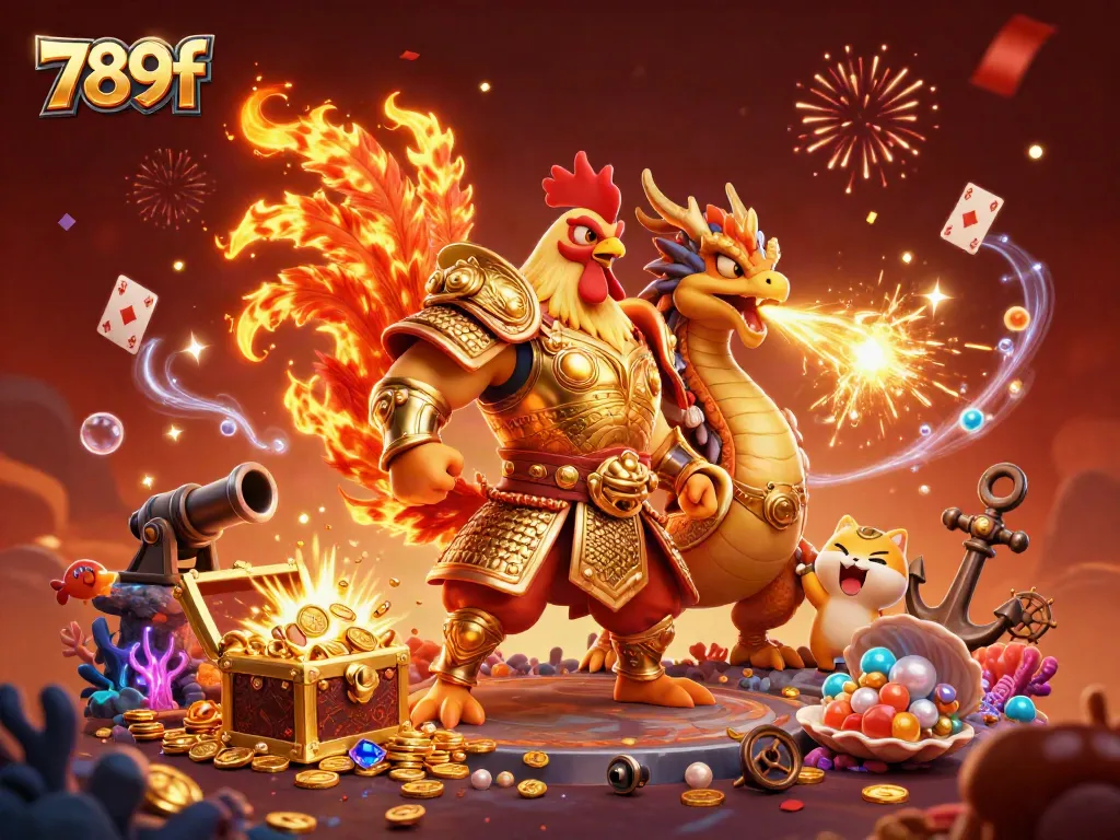 A dynamic scene of a rooster warrior, dragon hatchling, and fortune cat celebrating the joy of gaming at 789f online casino.