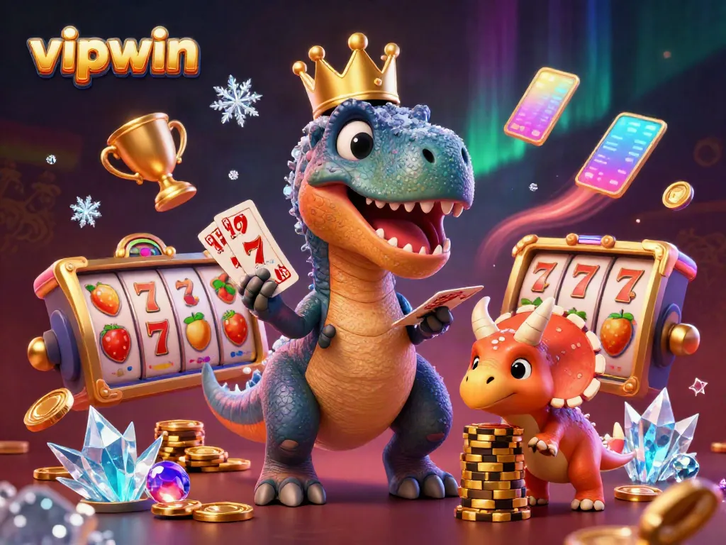 Experience exciting gaming adventures with vipwin through a vibrant 3D casino illustration of cheerful dinosaurs.