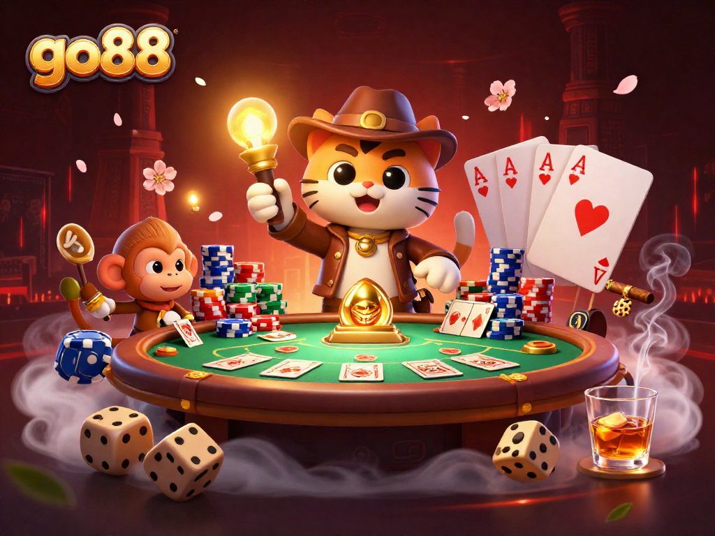 Experience the thrill of go88 as a cartoon archaeologist cat uncovers casino treasures surrounded by vibrant gaming elements.