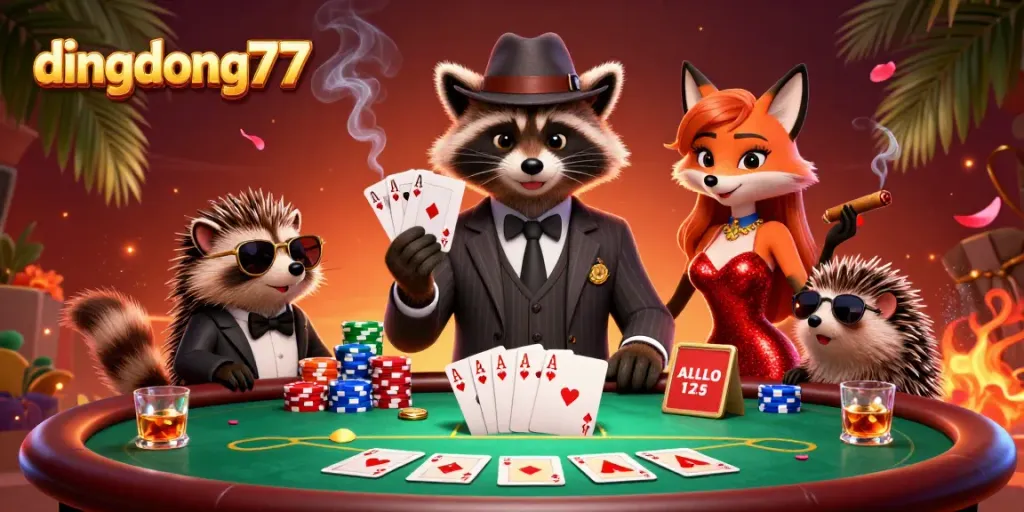 Experience the vibrant excitement of dingdong77 casino with a raccoon, fox, and hedgehog at a lively poker table.