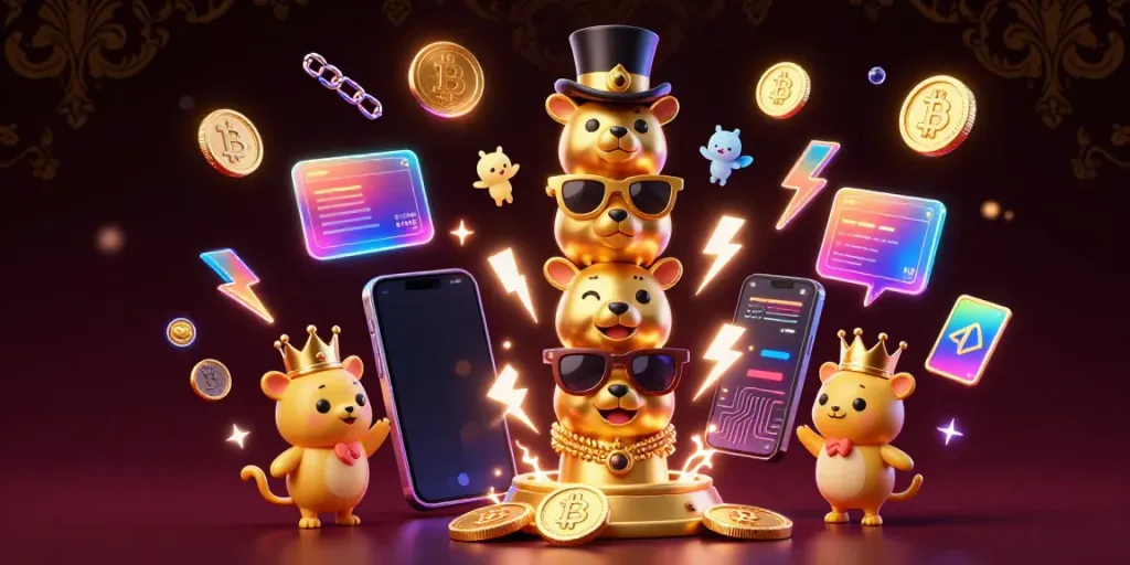 Experience thrilling wins with the vibrant 98 win gaming scene filled with crypto elements and casino accessories.