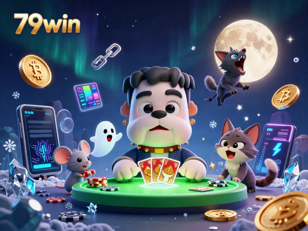 Engage in thrilling games with 79win at a spooky casino table featuring a Frankenstein bulldog and ghostly elements.