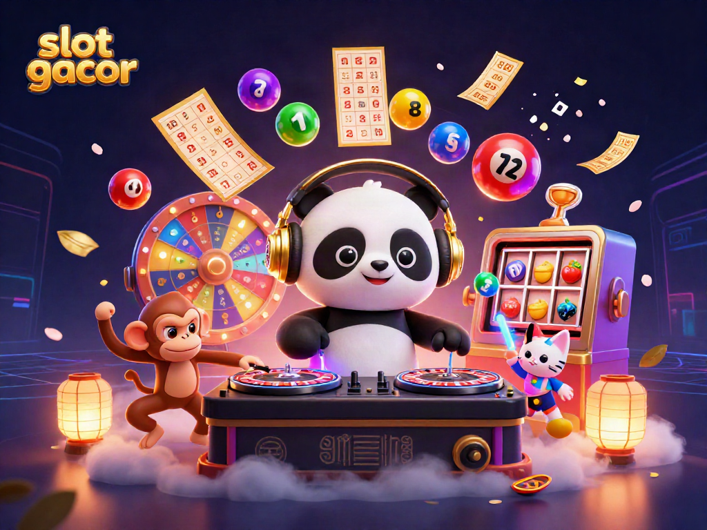 Experience the thrill of slot gacor with an energetic 3D casino scene filled with vibrant characters.