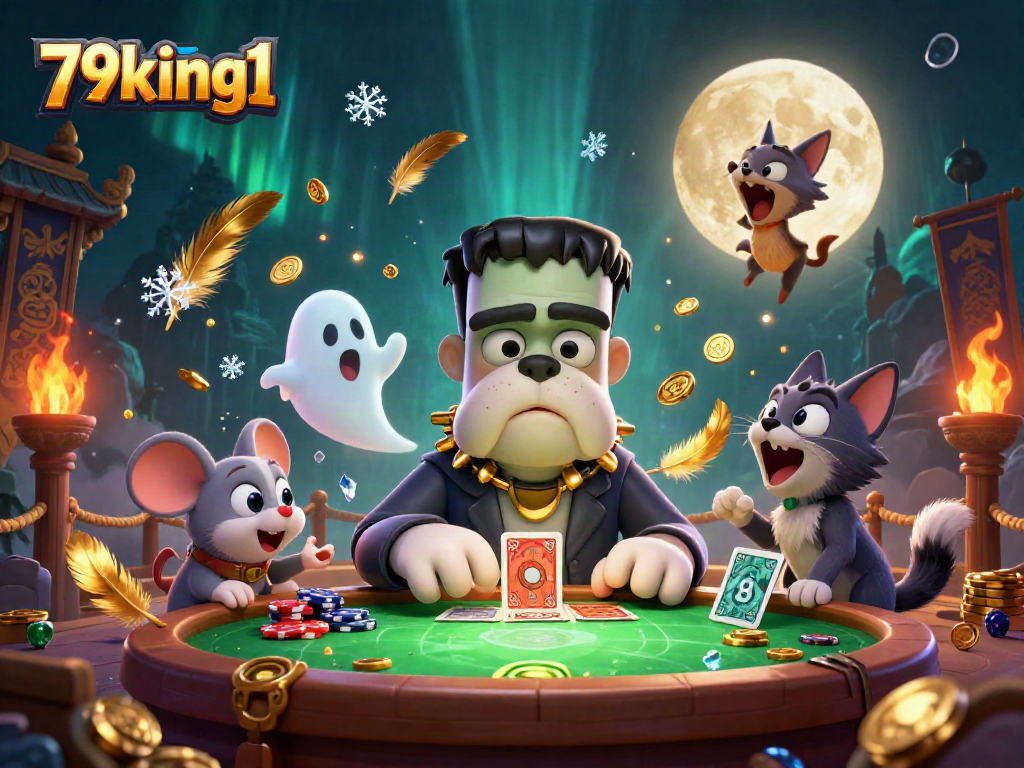 79king1 engages players with a hauntingly fun casino scene featuring a quirky Frankenstein bulldog and ghostly elements.