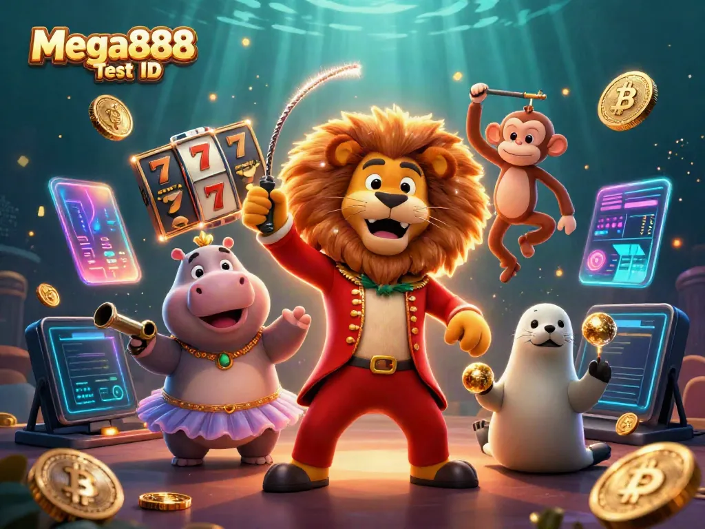 Engage with Mega888 Test ID gameplay in vibrant casino-themed art featuring characters and digital currency.