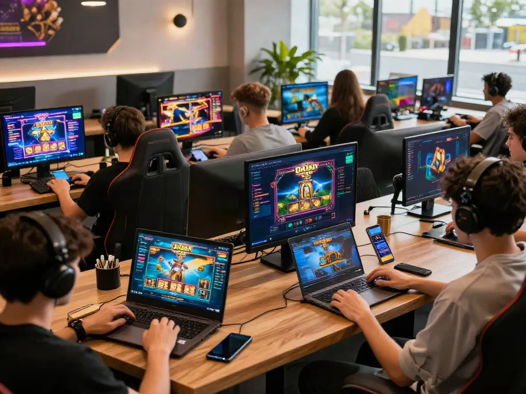 A80 gaming platform scene with players engaged in various games inside a modern lounge.
