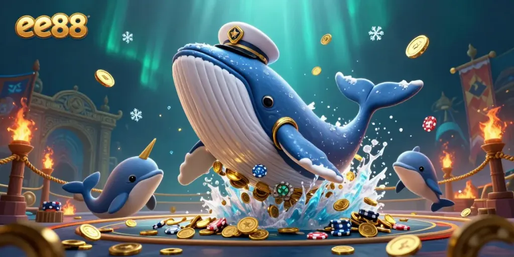 Experience the excitement of ee88 with a dazzling underwater adventure featuring a whale, narwhal, and playful dolphins.