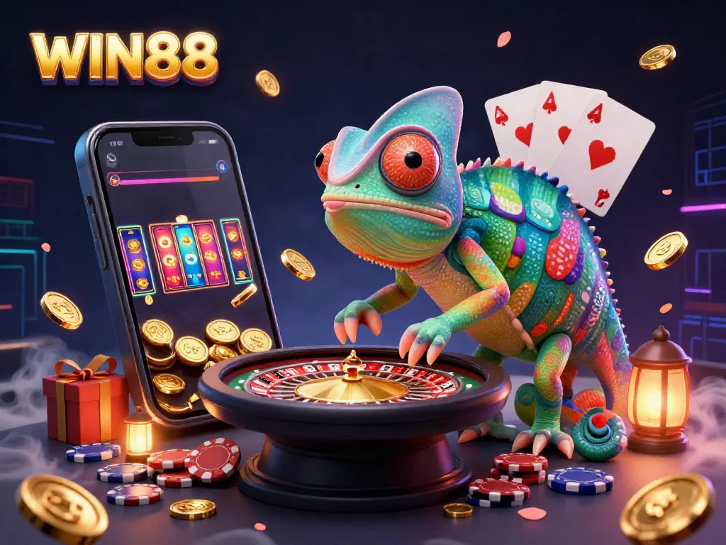 Experience vibrant gaming action at WIN88 with a chameleon casino owner and dynamic slot elements.