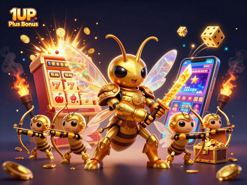 Play with excitement at 1UP Plus Bonus amidst a vibrant explosion of casino-themed elements, including slot machines and rewards.
