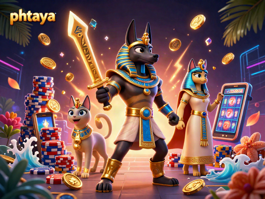 Experience phtaya gaming with Anubis and Bastet in a dynamic casino scene filled with excitement.