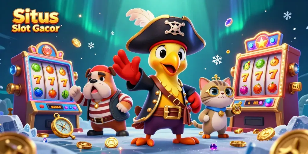 Situs Slot Gacor memadukan mesin slot berputar dengan karakter kartun yang menarik dalam ilustrasi 3D.