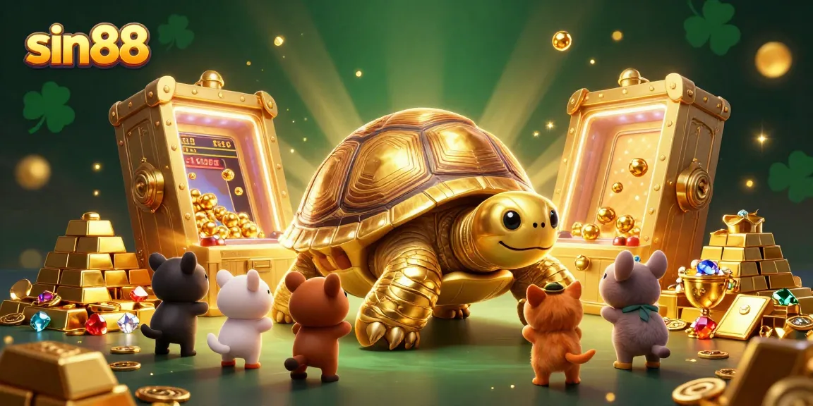 Experience sin88's thrilling atmosphere with a vibrant, dynamic casino scene featuring a colossal tortoise pinball machine.