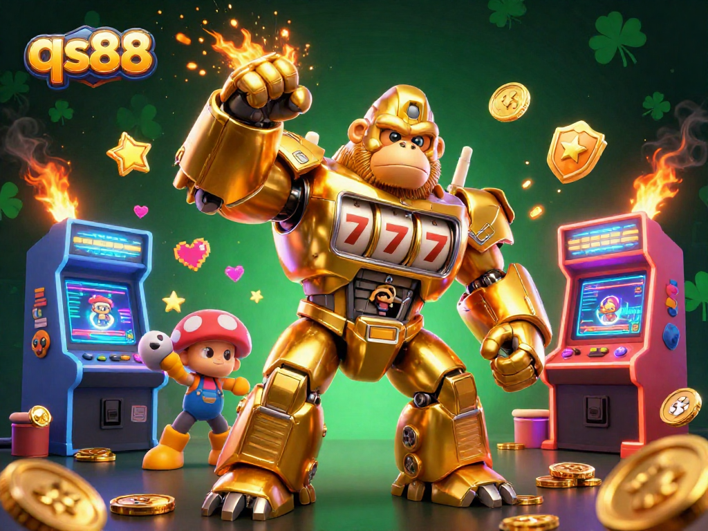 Experience thrilling gaming action at qs88 with a golden gorilla mech and colorful arcade elements.