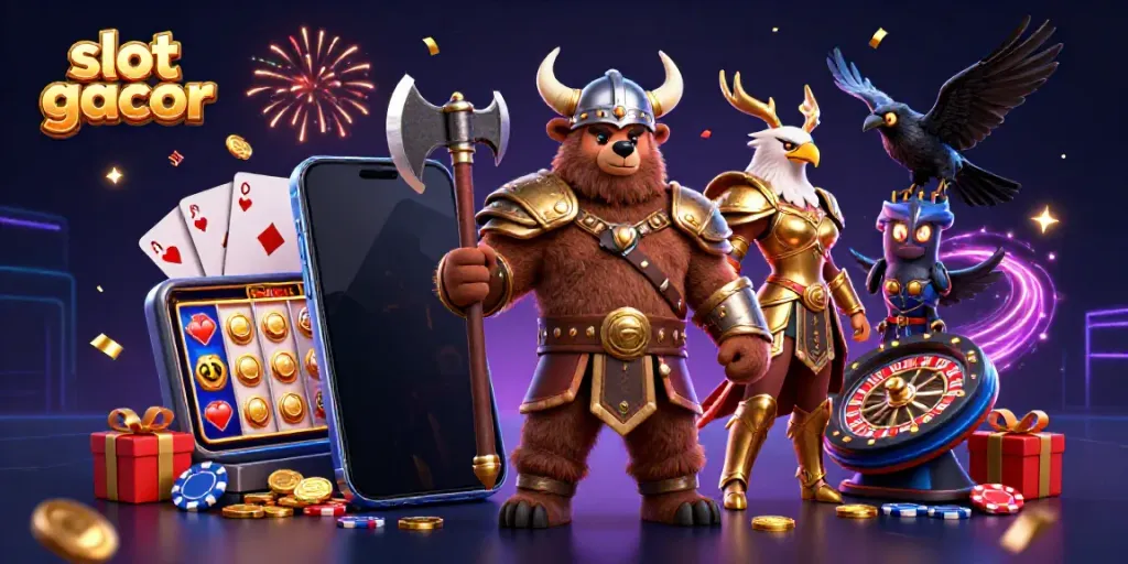 Experience slot gacor action with a Viking bear, Valkyrie eagle, and exciting slot game elements immersed in a festive atmosphere.