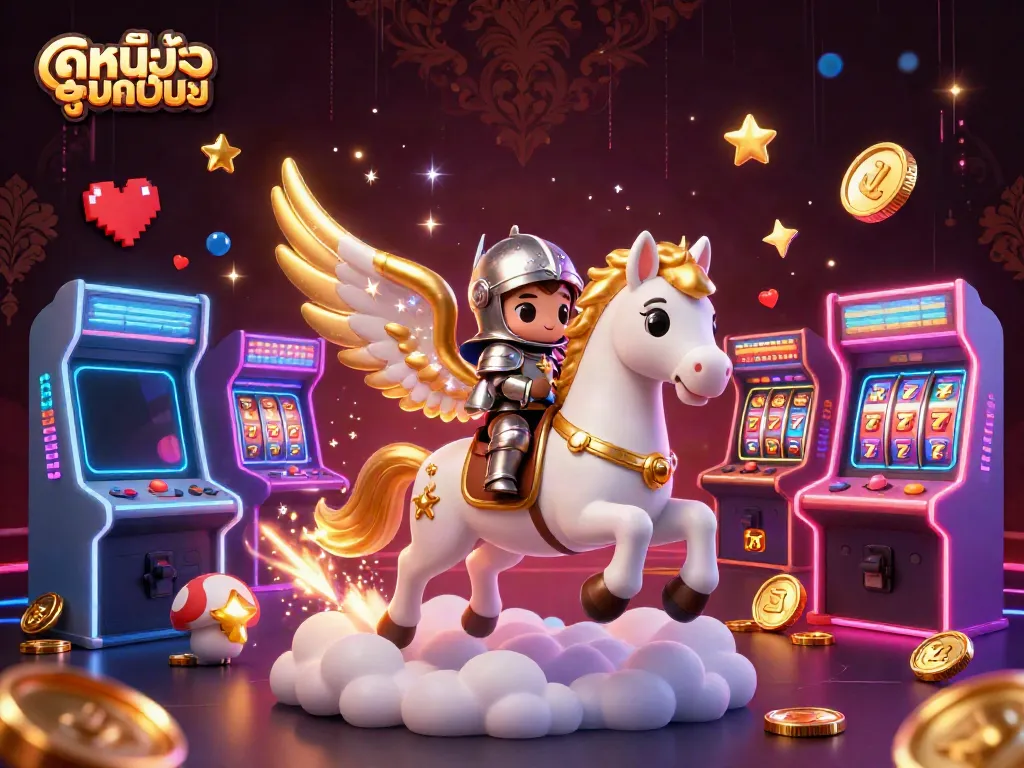 Experience the thrill of ดูหนังออนไลน์ with a dazzling 3D scene featuring a celestial horse and knight among casino elements.
