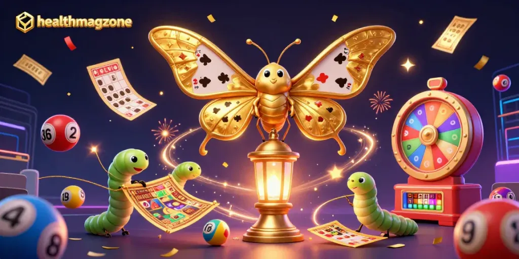 Permainan slot di healthmagzone dengan kupu-kupu raksasa dan bola lotere berwarna-warni yang menarik perhatian pemain.