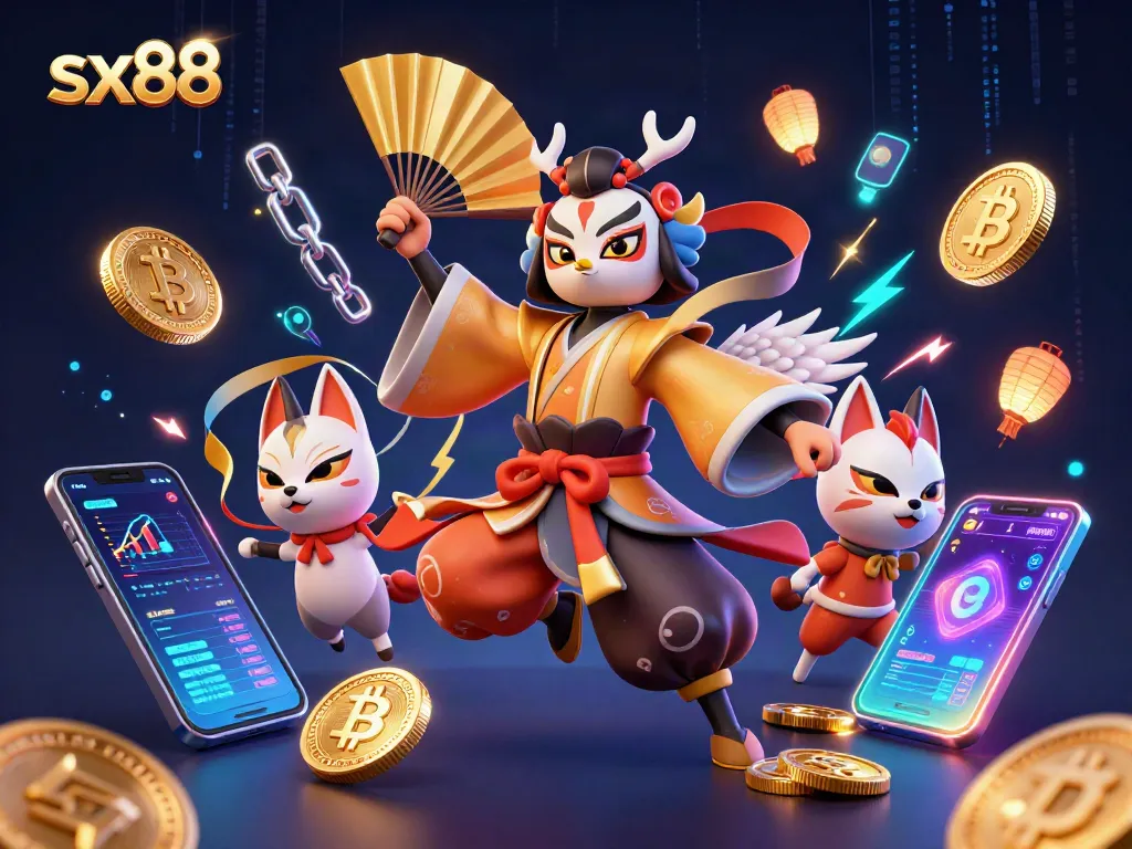 Engage with sx88 in a vibrant casino world featuring kabuki warriors and crypto elements.