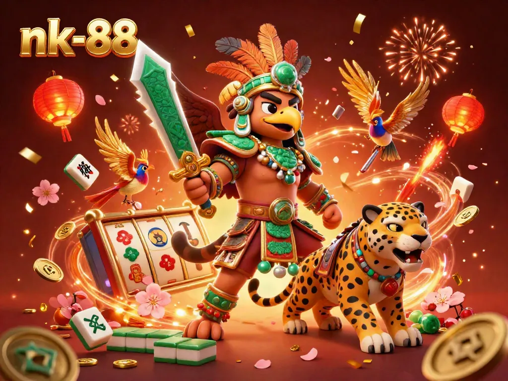 Engage with nk-88 in this vibrant, animated scene featuring Aztec characters and dynamic gambling elements.