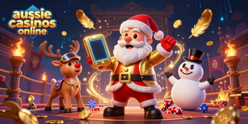 Engage with the vibrant scene of aussie casinos online, featuring Santa, his reindeer, and a snowman in a dynamic casino setting.