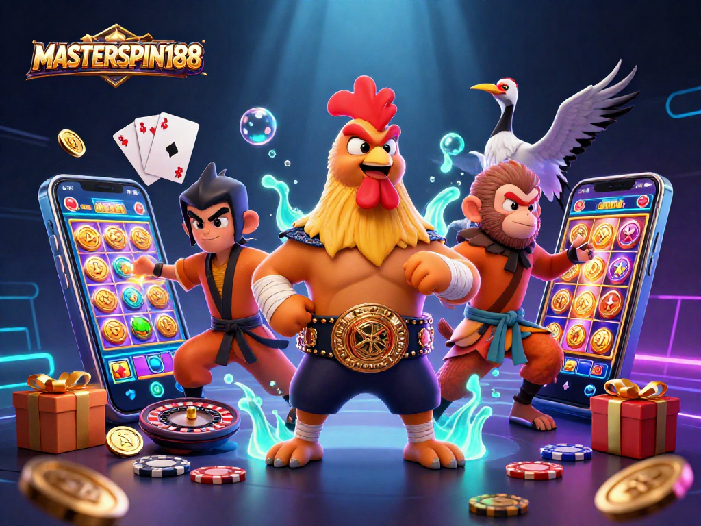 Experience thrilling gaming with MASTERSPIN188 featuring cartoon characters and dynamic casino elements.