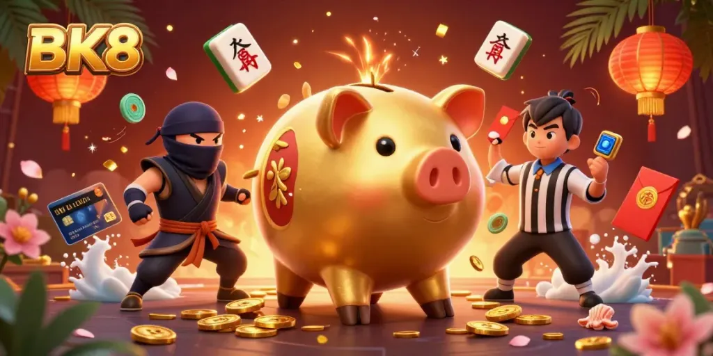 Experience winning moments with BK8's vibrant 3D casino illustration featuring a golden piggy bank sumo wrestler, surrounded by falling coins.