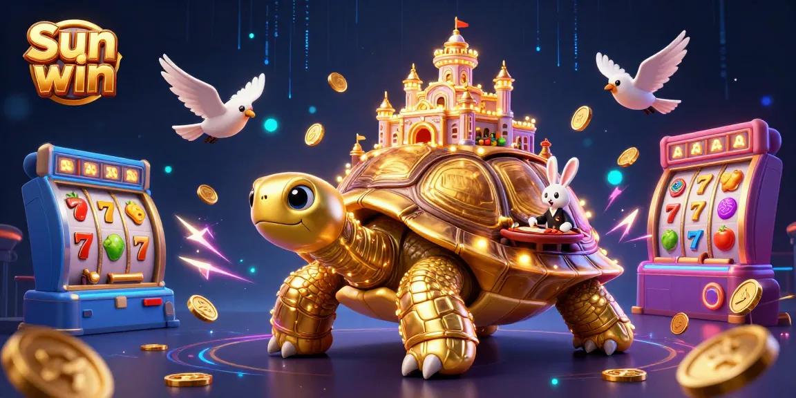 Spin to win at Sun win with a vibrant casino scene featuring a golden tortoise and colorful slot machines.