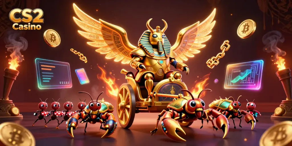 Engage in CS2 Casino with a dynamic scene featuring a golden scarab beetle chariot amidst Bitcoin coins and vibrant gaming elements.