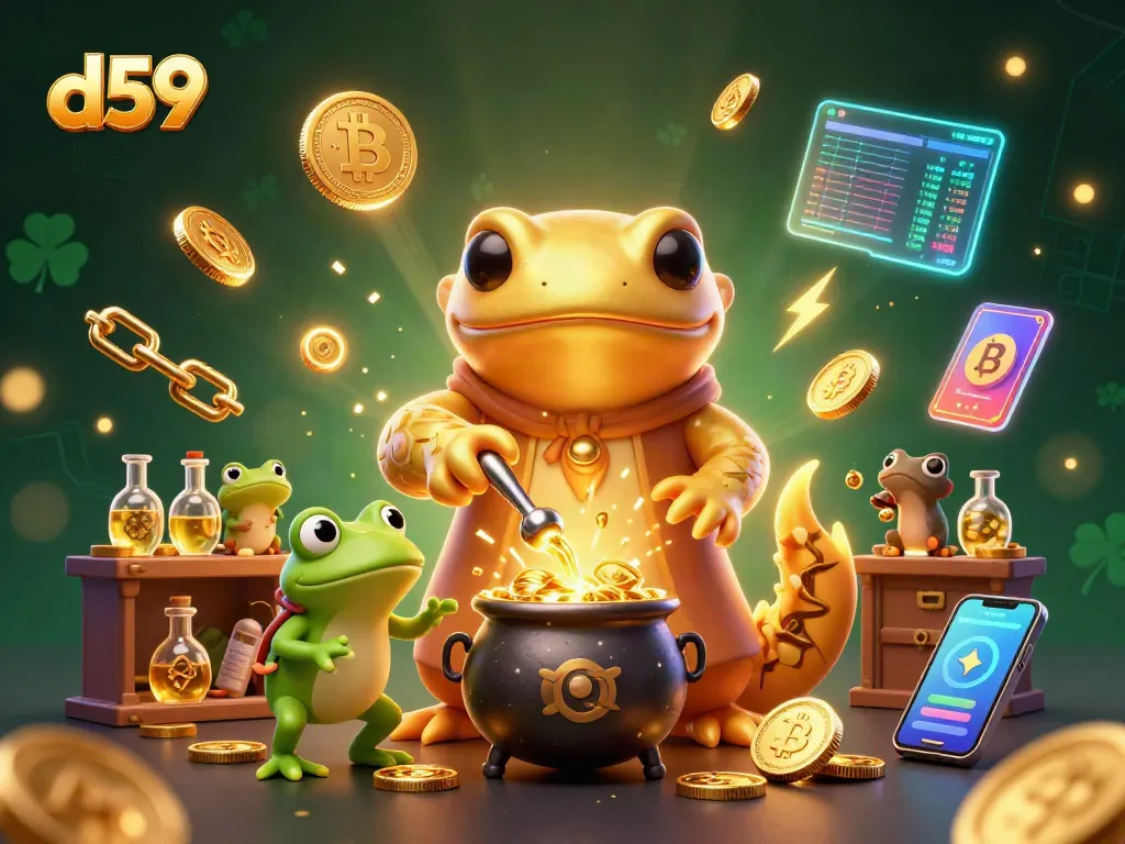 Engage with d59's casino games featuring gold-themed alchemy, crypto coins, and magical elements.