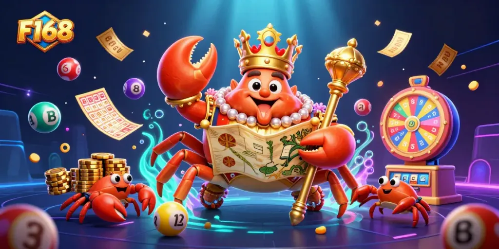 Experience F168's vibrant casino action featuring a golden crab emperor amidst stunning game elements.