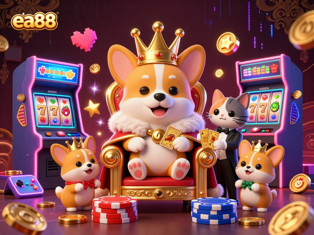 Experience thrilling gameplay at ea88 with a royal corgi on a throne of poker chips amidst colorful slots and gaming elements.